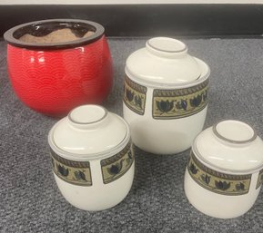 R3 Mikasa Intaglio Canister Set Of Three And A Soho Bonsai Planter