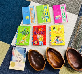 Assorted Paperback Judy Blume Books, Paperback Beverly Cleary Books, Kate Dicamillo Book, Nut Shaped Bowls