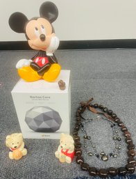 R3 Wifi Router, Mickey Mouse Piggy Bank, Bear Salt N Pepper Shakers, Two Necklaces