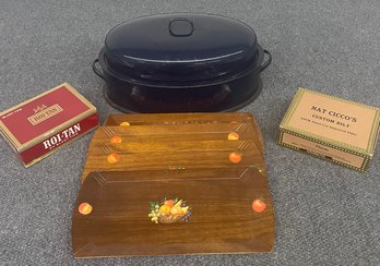 R3 Four Coronet Buffet Trays, Blue Roasting Pan Used, And Two Cigar Boxes