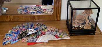 R8 Vintage Chinese Hand Carved Cork Diorama And Two Asian Style Handheld Fans