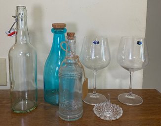 R8 Decorative Lot To Include Two Bohemia Glasses, Small Mason Jar Lights, Blue Glass Jug, Collection Of Rocks