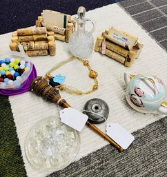 Assorted Marbles, Mexican Carved Hot Cocoa Frother, Glass Flower Frog, Nippon Sugar Dish, Cruet W/stopper