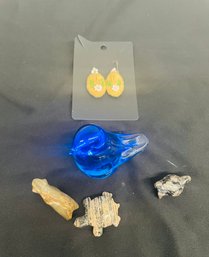 R3 A Blue Glass Bird With Chipper Beak, Three Miniature Sculptures, A Pair Of Moccasin Earrings One Missing