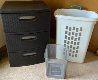 R7 Sterilite Storage Unite With Three Drawers, Sterilite Laundry Hamper On Wheels With Handle, And A Simplify