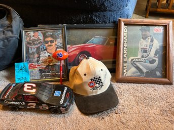 R1 Framed Pictures Of Dale Earnhardt, Die Cast ERTL , Ball Cap Signed By Ken Schrader At California Speedway