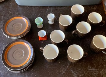 8 Piece Cup And Saucer Set, Various Egg Cups