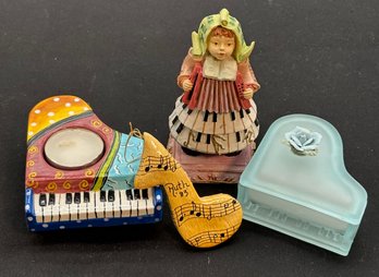 R5 Rhapsody Cafe Piano Votive Candle Holder, Piano Candle Dish, Music Note 1983 Christmas Ornament And A Piano