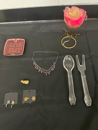 R3  Necklace, Two Pairs Of Earrings, Serving Fork And Spoon, Ashtray, Avon Rose Candle