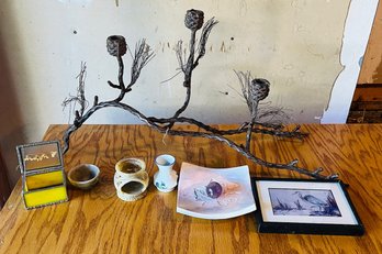 R0 Decorative Lot Metal Branch Candle Holder, Small Framed Picture, Miniature Jewelry Box