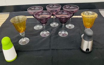 R5 Five Purple Margarita Glasses, Two Yellow Goblets, A Microplane Herb Grinder And A Cheese Grinder