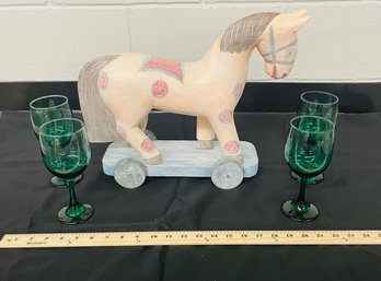 R5 Wooden Horse On Wheels, And Four Blue Green Wine Glasses