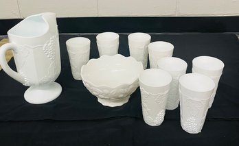 R5 Milk Glass Collection To Include A Pitcher, Bowl, And Eight Glasses