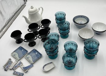 Hazel Atlas Footed Black Cloverleaf Cups, Indiana Glass Sherbet Cups, Sterling Colonial Teapot, Asian Bowls