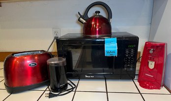R2 Magic Chef Microwave, Oster Toaster, Farberware Electric Can Opener, Krups Coffee Grinder, Tea Kettle
