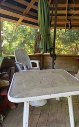 Table, Umbrella On Stand, Outdoor Chairs, Outdoor Pots, Picnic Table And Bench