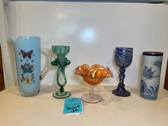 R2 Georges Briard MCM Glass Martini Pitcher, Hand Blown Glass Wine Glass, Vintage El Palomar Ken Edwards Vase,