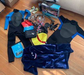 R12 Two Childrens Wetsuits, Assorted Snorkeling Gear, Childrens Goggles, Intex Float Tube (in Box)