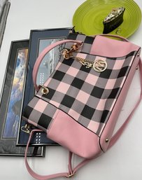 Mia K Collection Pink Purse, Two Framed Nature Photos, Royal Norfolk Plate, Fusion Perfume, Costume Earrings