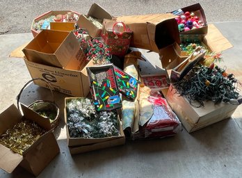 Christmas Lot To Include Faux Tree, Wreaths, Lights, Ornaments, Bulbs Vintage Decor, And Other Christmas Item