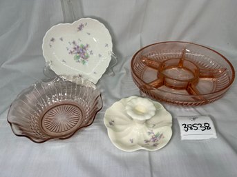 Two Pieces Of Pink Glass Serveware And Two Pieces Of Mikasa Bone China:  Candle Holder And Heart Dish