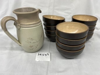 Pottery Pitcher And 12 Heath Stoneware Bowls