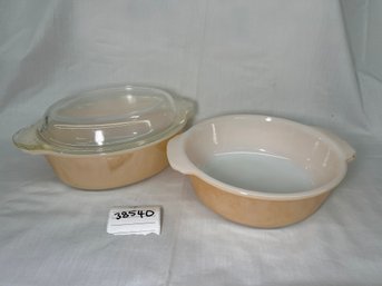 Fire King Peach Luster Covered Casserole Dish And Serving Bowl