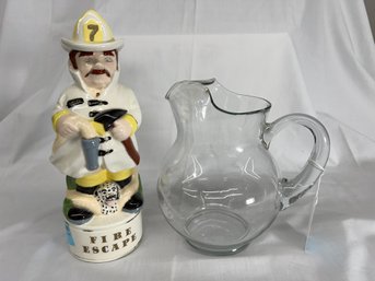 Fire Escape Fireman Decanter Ceramic And Glass Pitcher