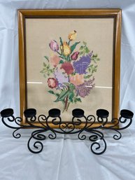 Framed Cross Stitch Artwork And Iron Candle Holder