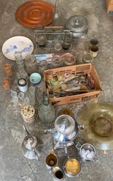 Assorted Vintage Glassware, Tea Kettle, Coffee Urn, Glass Pitcher, Glasses Holder With Glasses, Shot Glasses