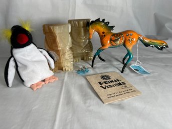 Ty Beanie Baby Frigid Penguin, Primal Visions Horse  Figurine, Two Carved Onyx Mayan Design Book Ends