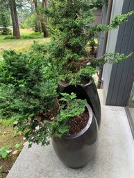 2 Large Outdoor Nesting Pots, Both With Small Trees, Rain Gauge, Front Door Mat