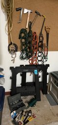 Two Portable Sawhorses, Hatchet, Hammer, Pry Bar, Saw, Extension Cords, Heavy Vintage Metal Box With