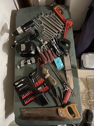 Craftsman Cordless Drill, Drill Bit Sets, Crescent Wrenches, Pipe Wrenches, Pipe Cutter, Various Saws