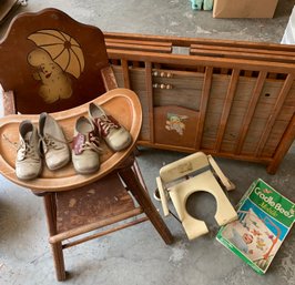 Vintage Crib For Decor Only, Vintage High Chair For Decor  Only, Vintage Potty Seat Fir Decor Only, Baby Shoes