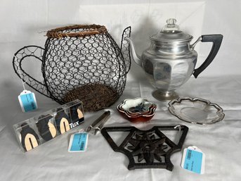 Teapot Wire Basket, Vintage Universal Stovetop Percolator, Cast Iron Ouece, Small Tongs, Small Nesting Bowls,