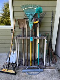 Garden Tools, Rakes, Shovels, Pitchfork, Pry Bar, Broom, Garden Tool Holder, Fence Post Driver