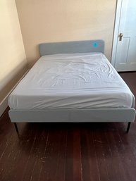 R6 Queen Size Mattress With Headboard And Footboard. Slat Frame. Appears To Be Ikea Brand