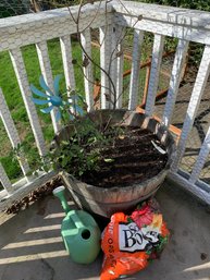 R0 Wine Barrel Planter On Wheels (lot 1 Of 2), Watering Can, Soil, Two Yard Decor Items