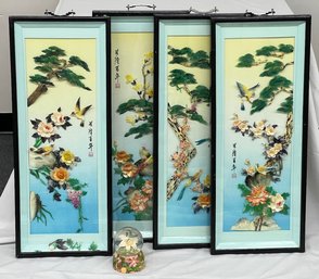 Four Asian Style Dimensional Wall Art Panels 32in X 12.75in And A Musical Flower Snow Globe