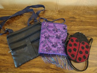R5 Ladybug Beaded Purse, Purple Beaded Purse, And Blue Zipper Bag