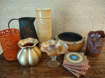 R5 Pitchers, Bowls, Coasters, Piece Of Carnival Glass, And Other Decor
