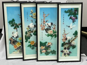 Four Asian Styled Three Dimensional Wall Panels Featuring Cranes And Flowers  31.75in X 12.75in X 1.5in Deep