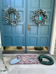 Welcome Mat, Welcome Decoration, Two Spring Wreaths, One Self Coiling Hose, Resin Statue