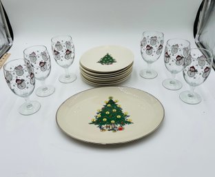 R5 Christmas Platter, 9 Christmas Snack Plates, 6 Snowmen Goblets