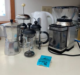 R2 Cuisinart Coffee Grinder, Two French Presses, Electric Kettle, Stove Top Espresso Maker