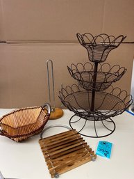 R2 Three Tiered Metal Fruit Stand, Wood Trivet, Paper Towel Holder, Metal Handled Basket