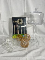 Tall Glass Domed Stand, Glittery Decorative Spheres, Cocktail Set New In Box And Four Glass Mugs