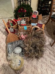 Christmas Wreaths, Willow Sleigh, Red Wicker Sleigh And Christmas Lights