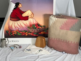 Southwest Style Wool Rug, Poster Print, Wood Napkin Holder, Set Of Spurs, Indonesian Metal Mug, Linens